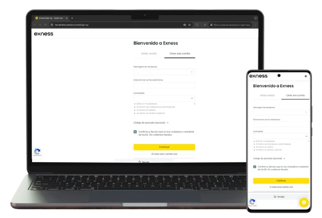 Regístrese en Exness desde el sitio web o en la aplicación móvil.