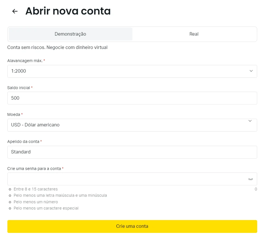 Abra uma conta de demonstração Exness