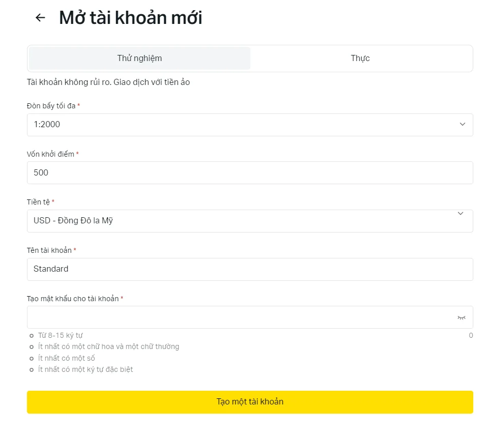 Mở tài khoản demo Exness